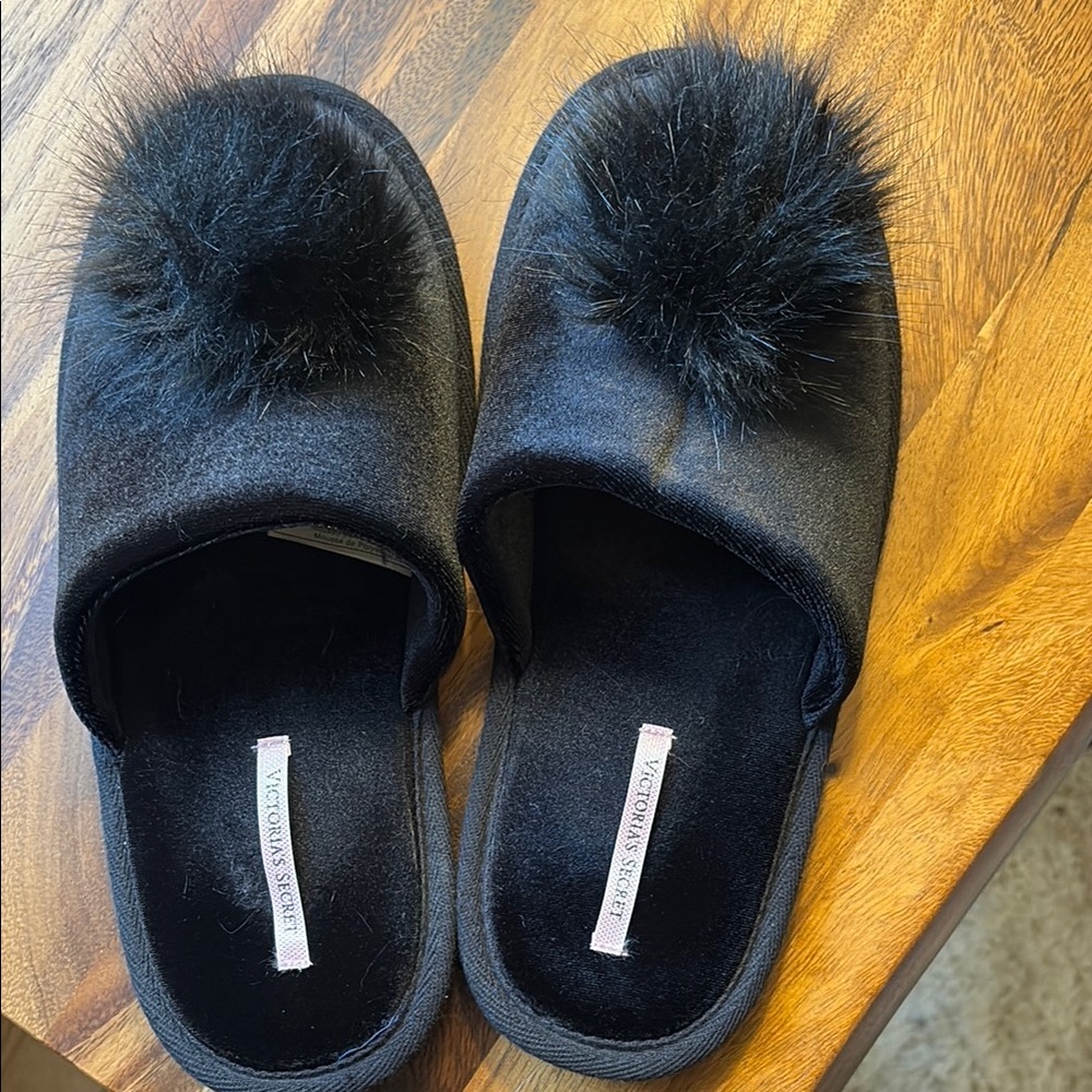Victoria's Secret Black Plush Pom-Pom Slippers